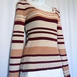Pink Dot Ribbed Knit Striped Sweater Women XL Beige Burgundy Tan Excellent LS